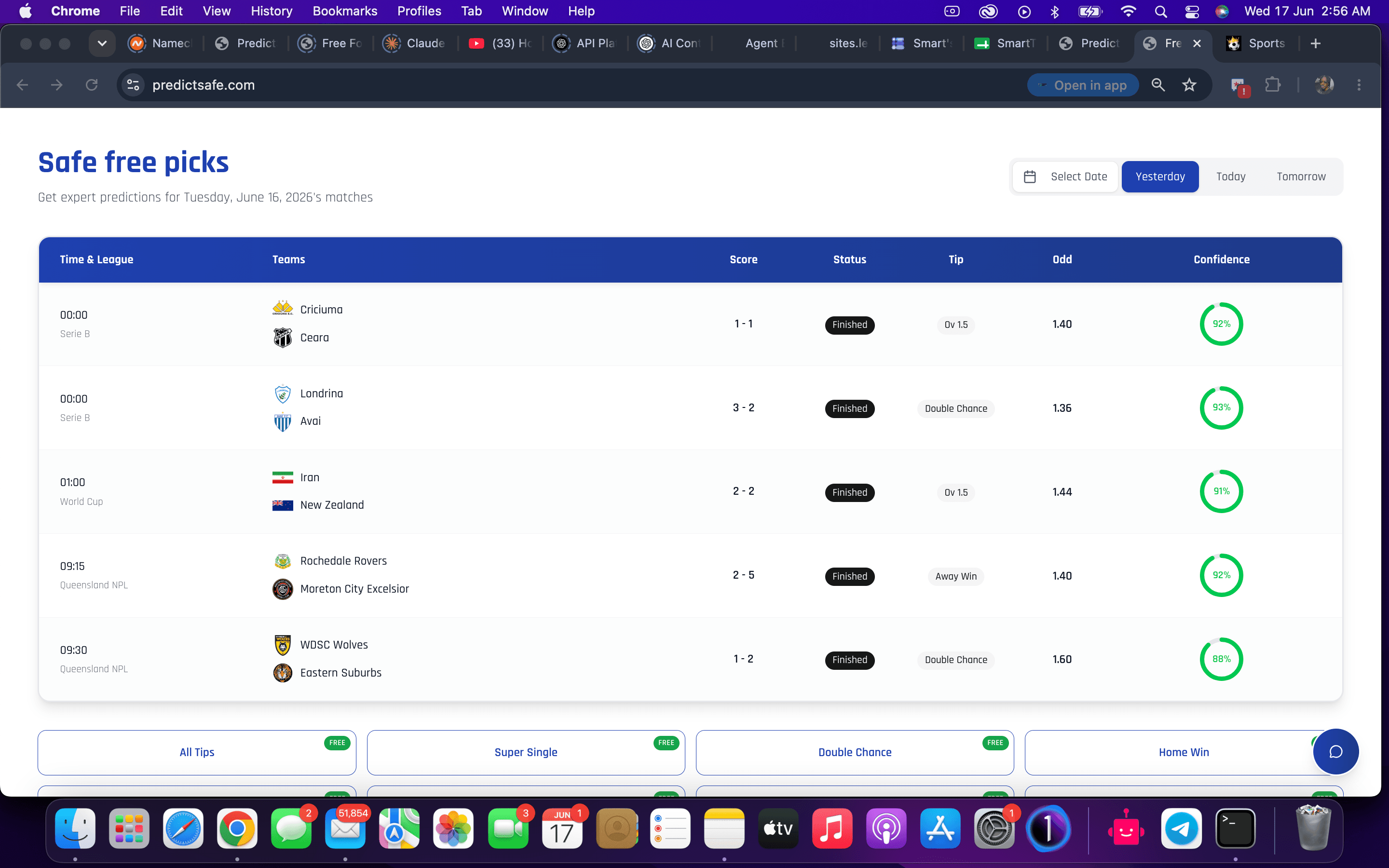 PredictSafe Safe Free Picks Results – June 16, 2026 (5/5 Winning Predictions)